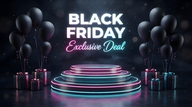 Black friday exclusive deal podium display with neon lights, black balloons, and gift boxes on a dark background