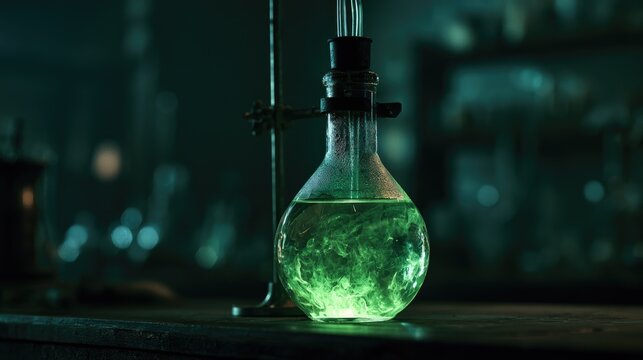 Glowing green liquid swirls in a flask on a lab bench