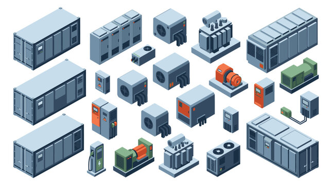 Elegant Isometric of Modern Data Center and Server Room Equipment with Cooling Units and Power Supplies