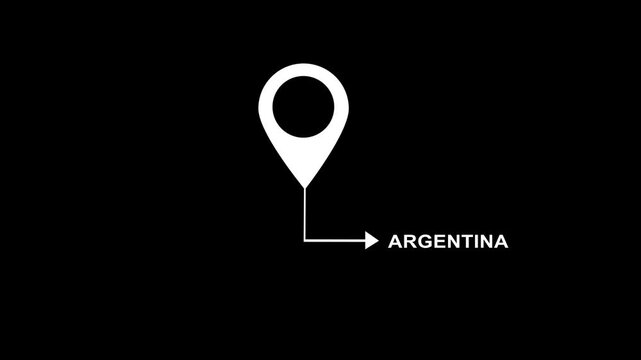 Minimalist argentina location map pin animation featuring clean white pointer and typography on a deep black background, for travel and, destination presentations