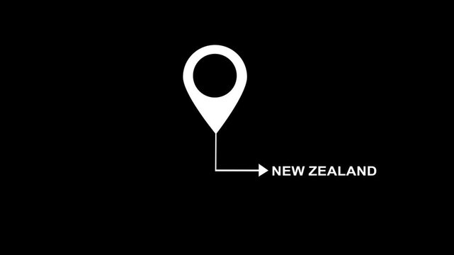 Animated white map pin marker with leader line pointer indicating new zealand text on black background, for travel and, geographic destination location, pinpoint presentation
