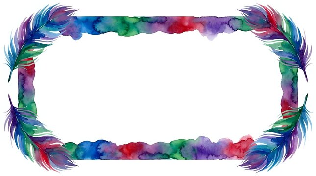 Colorful feather frame with vibrant watercolor gradient in rainbow hues
