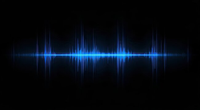 Blue audio waveform pulsing with light and energy against a dark background