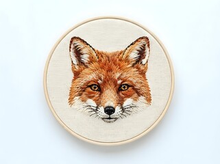 Obraz premium Detailed embroidered fox head portrait in hoop on cream fabric