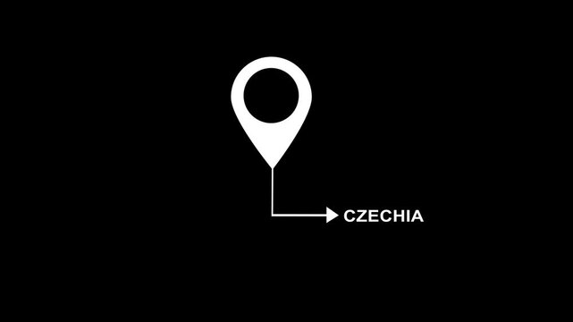 Animated white map pin pointer typing text czechia with arrow pointer on black background, featuring clean minimalist, motion for travel, and destination projects