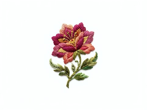 Magenta and golden embroidered flower with green stem and leaves on white background