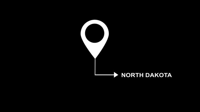 Minimalist white map pin location marker with animated arrow indicator and text labeling north dakota state on solid black background, for geographic navigation, and travel presentation
