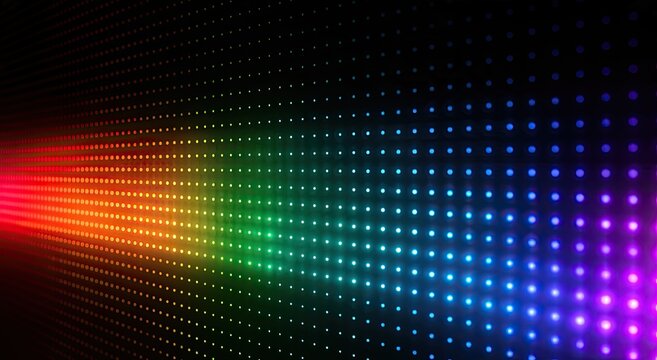 A vibrant gradient of small, colorful lights forms a digital display, receding into darkness