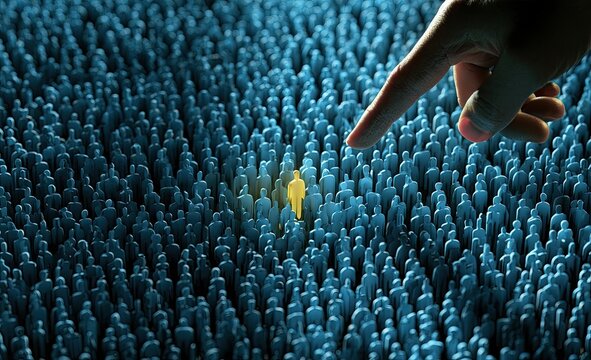 Finger points at one glowing figure amidst a crowd of dark figures