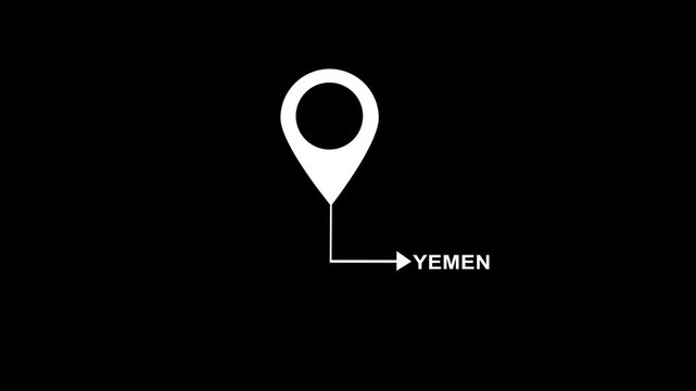 Minimalist white location map pin animation with text label spelling out yemen on black background, travel destination geography presentations, and global mapping