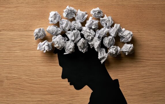 Silhouette of head filled with crumpled paper, representing thoughts (1)