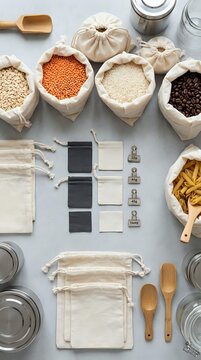 Overhead flat lay of bulk dried goods in cotton drawstring bags including lentils, rice, beans and pasta with wooden utensils and metal containers for sustainable kitchen storage and meal planning