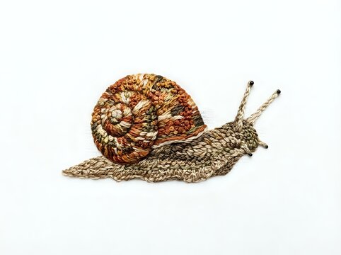 Detailed close-up of a garden snail with brown spiral shell and textured body on white background