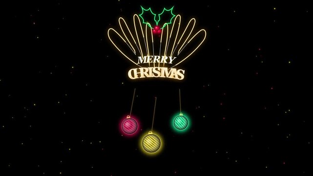 Merry Christmas glowing neon sign with hanging ornaments and mistletoe video