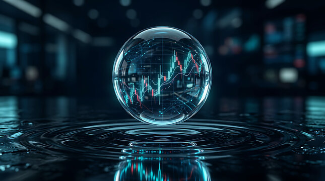 Stock market trading sphere with financial charts floating over dark liquid pool