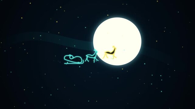 Neon illuminated reindeer pulling a sleigh across a starry night sky video