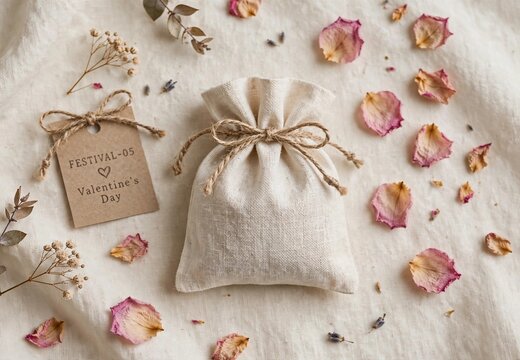 Soft Romantic Valentine Flatlay Dried Rose Petals and Linen Pouch on Cream Fabric &bull;