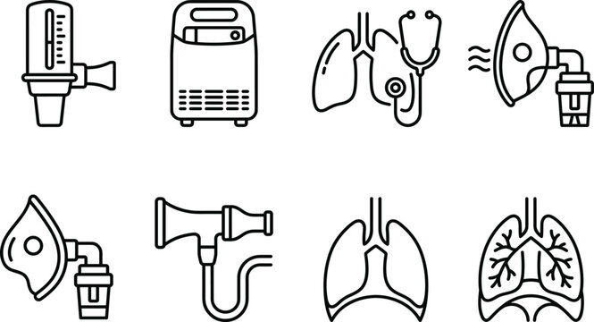 Black and white medical icons set featuring nebulizer, oxygen concentrator, stethoscope lungs, inhalation therapy mask, spirometer and detailed lung illustration for respiratory healthcare