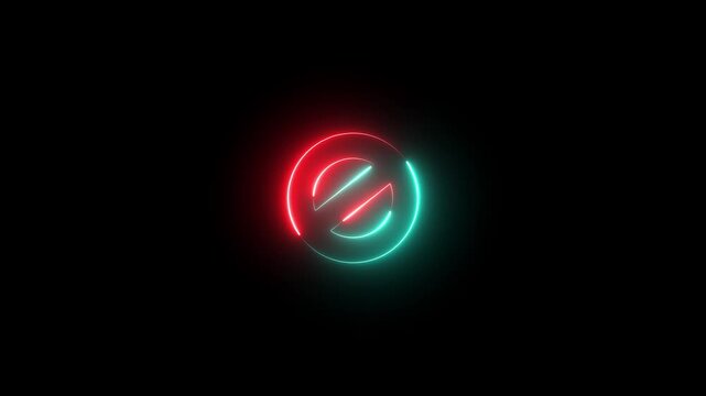 Glowing neon line ban sign icon animation wrong warning risk alert error stop signal emergency problem issue sign symbol on black background	