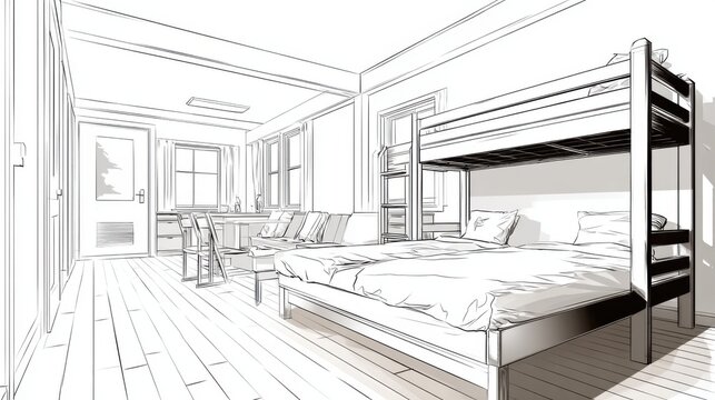 Minimalist Sketch of a Cozy Bedroom with Bunk Beds and Simple Decor