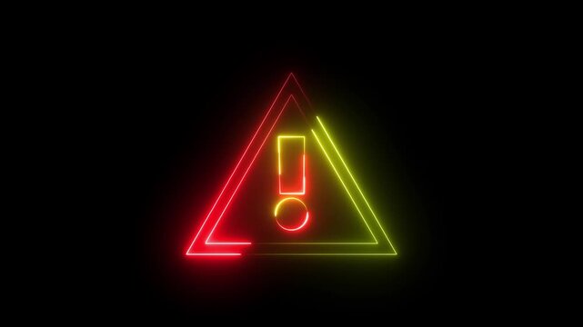 Glowing neon red and yellow color warning attention sign icon animation danger risk alert error stop signal emergency hazard problem issue sign symbol on black background	