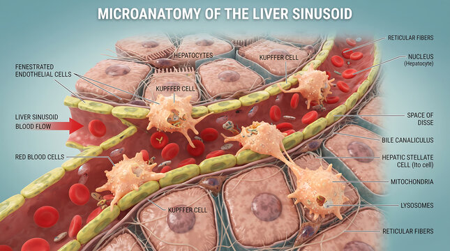 This image shows the microscopic structure of the liver sinusoid blood vessels, revealing liver sinusoid blood flow and red blood cells.