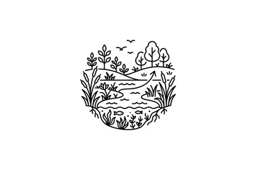 Fototapeta premium Hand drawn circular woodland lake landscape illustration.