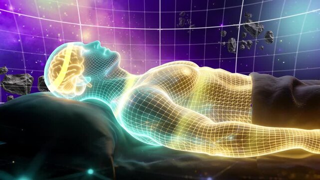 Futuristic 3D Wireframe Human Body Sleeping with Glowing Brain Activity and Bioenergy in Cosmic Space Background