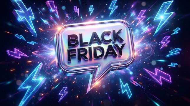 Black friday promotional sign inside a metallic speech bubble with neon lightning bolts and vibrant light effects