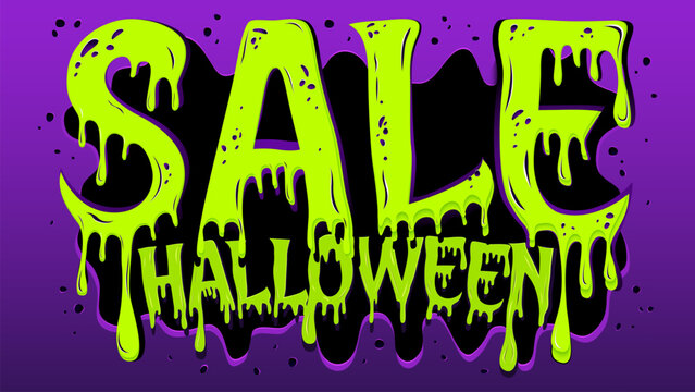 Halloween promotional banner. The text "Halloween Sale" is smeared with green monster slime against a purple gradient background. Vector illustration in a paper-cut style.