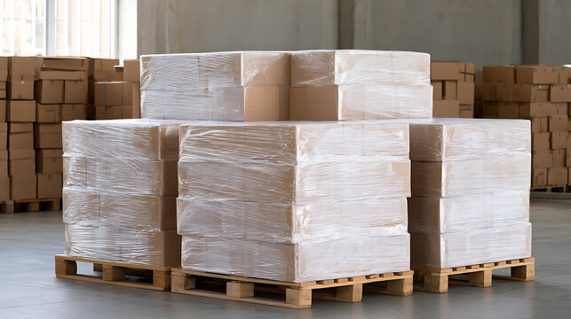 Industrial warehouse interior with large stacks of cardboard boxes and parcels secured on wooden pallets ready for transport and distribution