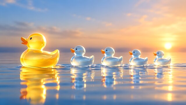 Glowing yellow rubber duck leading white ducks on sunset water. Concept of market leadership, startup innovation, and corporate team guidance.
