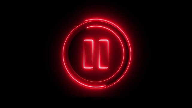 Glowing neon red color media player pause buttons sign icon animation audio video song stop circle control push press click play on black background