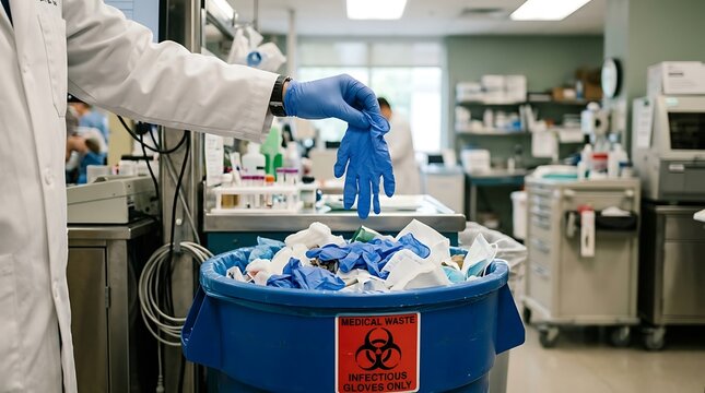 Healthcare worker disposing of a used blue nitrile glove into a biohazard waste bin in a hospital lab