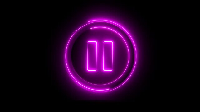 Glowing neon pink color media player pause buttons sign icon animation audio video song stop circle control push press click play on black background