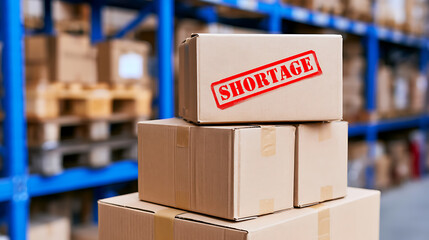 Fototapeta na wymiar Cardboard boxes stacked inside a large distribution warehouse with a red stamp text label showing supply chain shortage and inventory problem