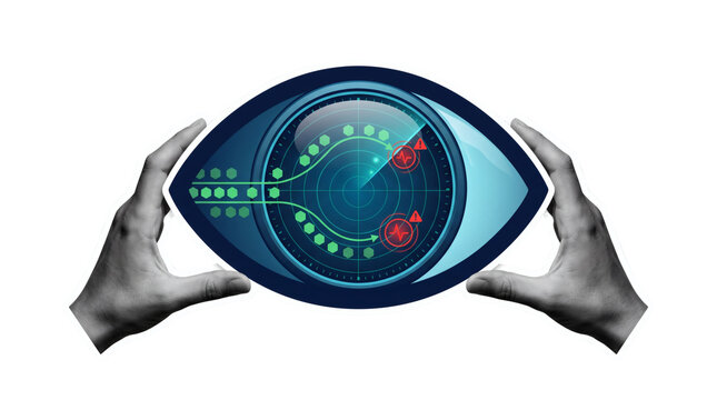 Grayscale hands framing a large stylized deep blue eye containing a radar style display with colored tracking points and circular scanning lines, isolated on a transparent background.