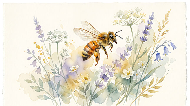 Honey bee flying over watercolor wildflowers