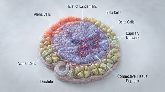 This image shows a microscopic cross-sectional structure of the pancreas, with a focus on the endocrine portion, specifically the Islet of Langerhans.