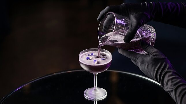 Person in black gloves pouring a purple cocktail into a crystal coupe glass