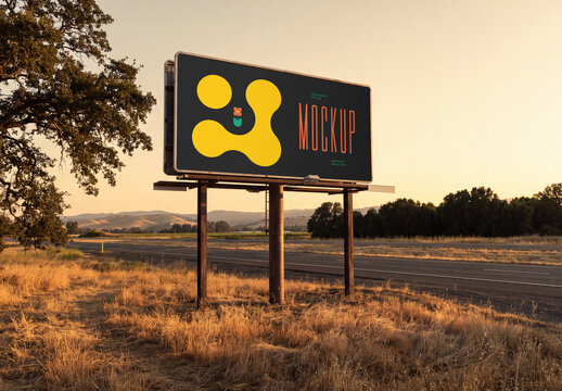 Horizontal outdoor billboard mockup beside country road