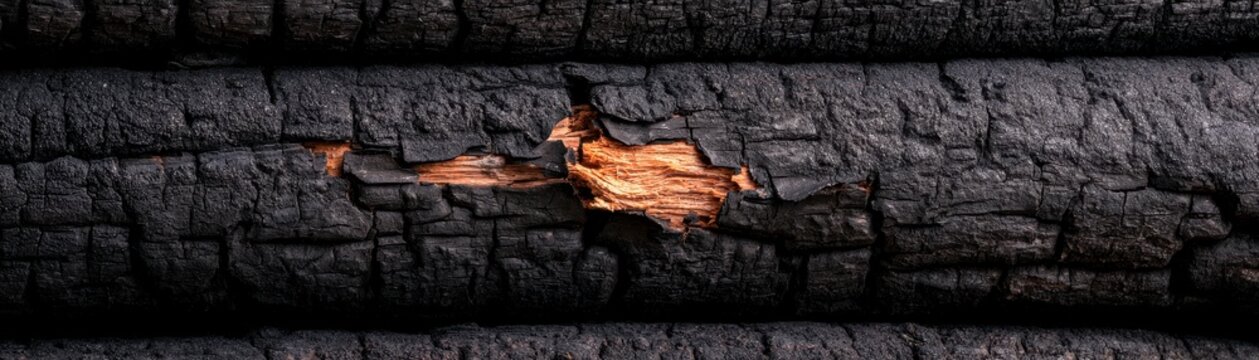 Charred black wood texture with a visible orange inner core and deep cracks