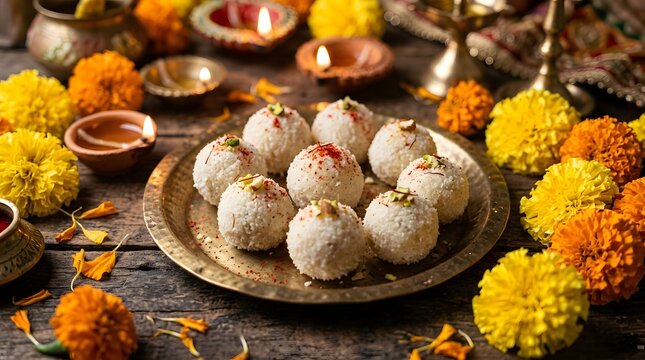 Indian Sweets Ladoo on Golden Plate with Marigold Flowers and Diyas for Diwali Puja