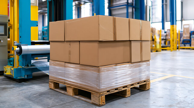 Industrial warehouse interior featuring a wooden pallet stacked with neatly arranged cardboard boxes and wrapped in protective plastic film securely
