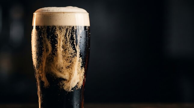 Cold glass of dark stout beer with thick foam head on a dark background