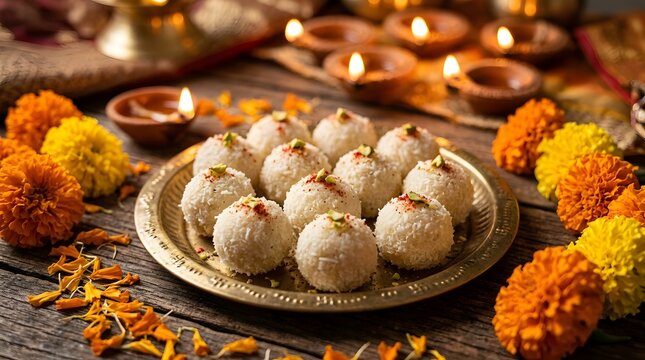  Indian Sweets Ladoo on Golden Plate with Marigold Flowers and Diyas for Diwali Puja