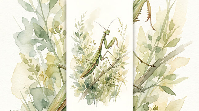 Watercolor praying mantis perched on botanical branches