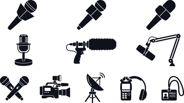 Microphone and journalism silhouette vector icon set with news camera broadcasting antenna press pass audio equipment