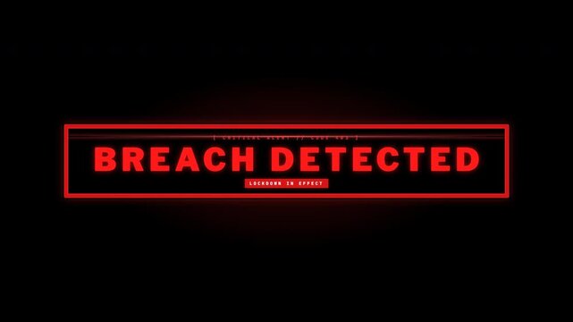 Cybersecurity breach detected alert animation with red glowing text on a dark background.