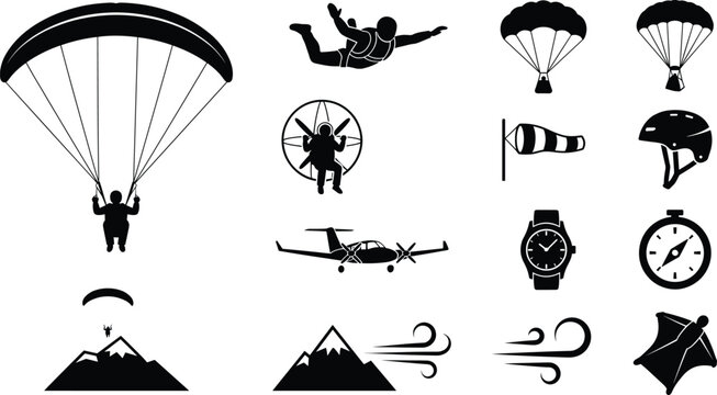 Paragliding and skydiving silhouette vector icon set with parachute paramotor airplane mountain wingsuit and extreme sports